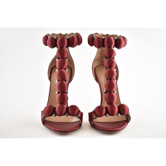 Alaia Bombe 110 Red Rouge Pompei Satin Ankle T Strap Studded Sandal Heel Pump 36 - Picture 4 of 7